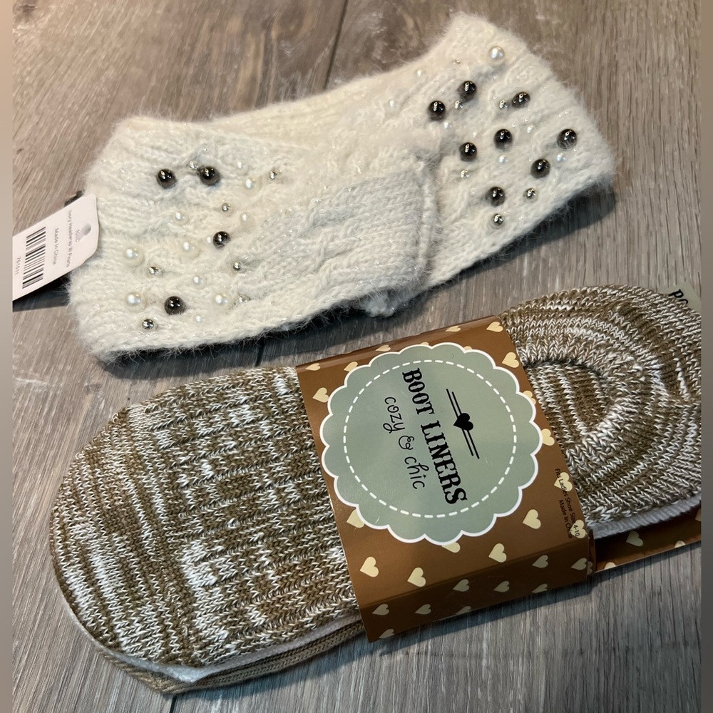 NWT beaded ear cover/headband & NWT boot liners